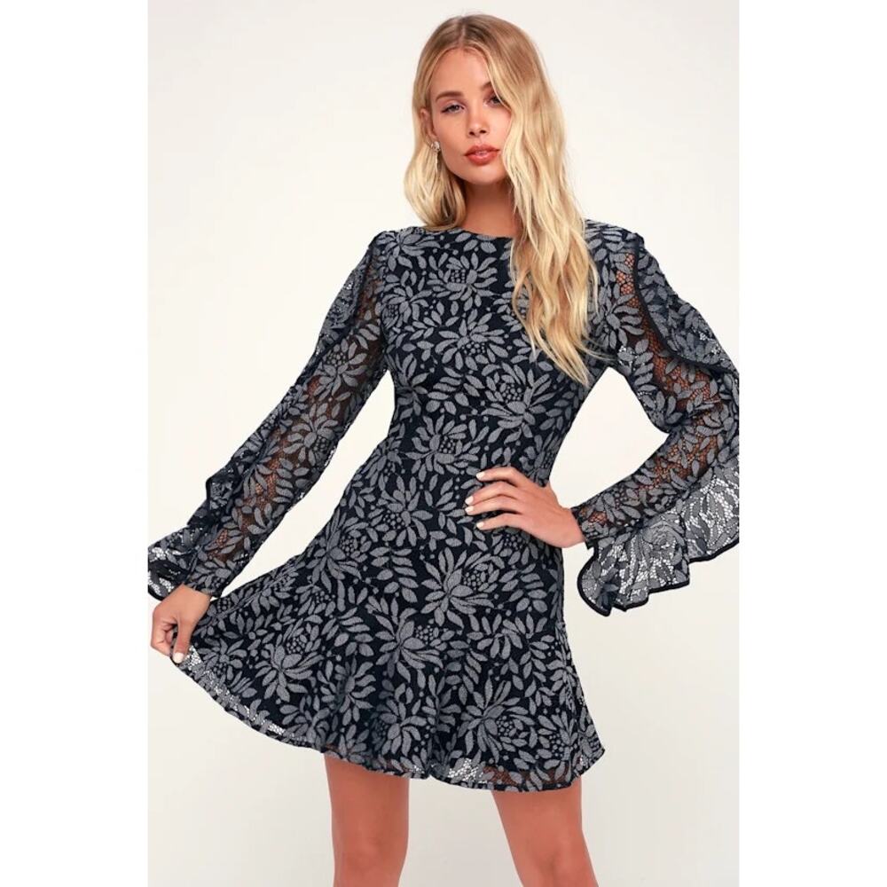Keepsake Engage Navy Blue‎ Lace Long Sleeve Dress Size XS